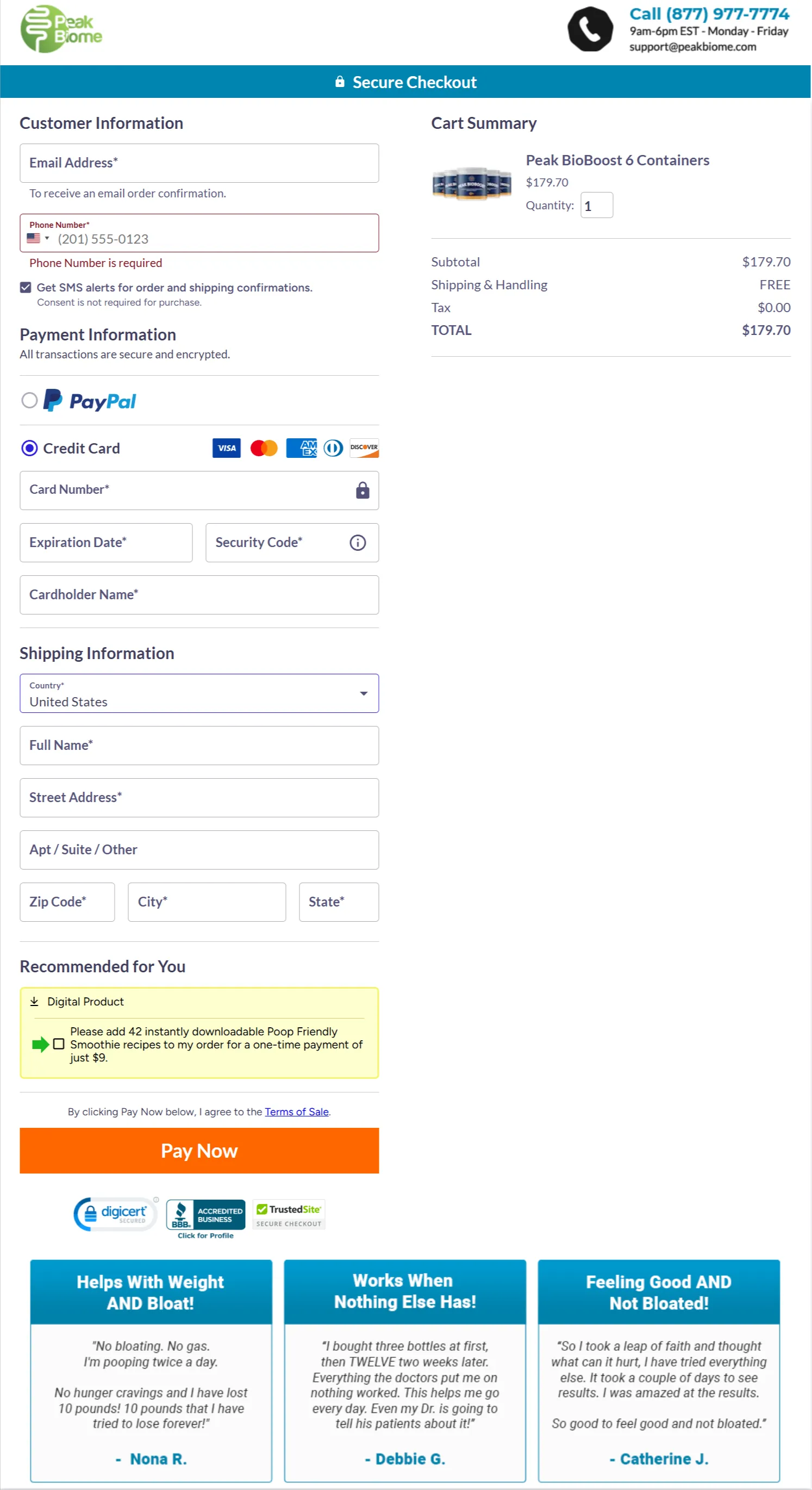 Peak BioBoost checkout page